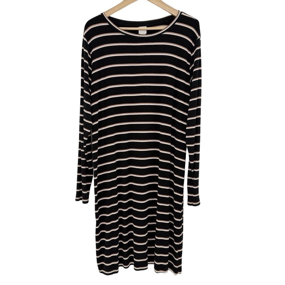 H&M Black Striped Ribbed Shirt Dress Size XL Y2K 90's Boho Minimalist Academia